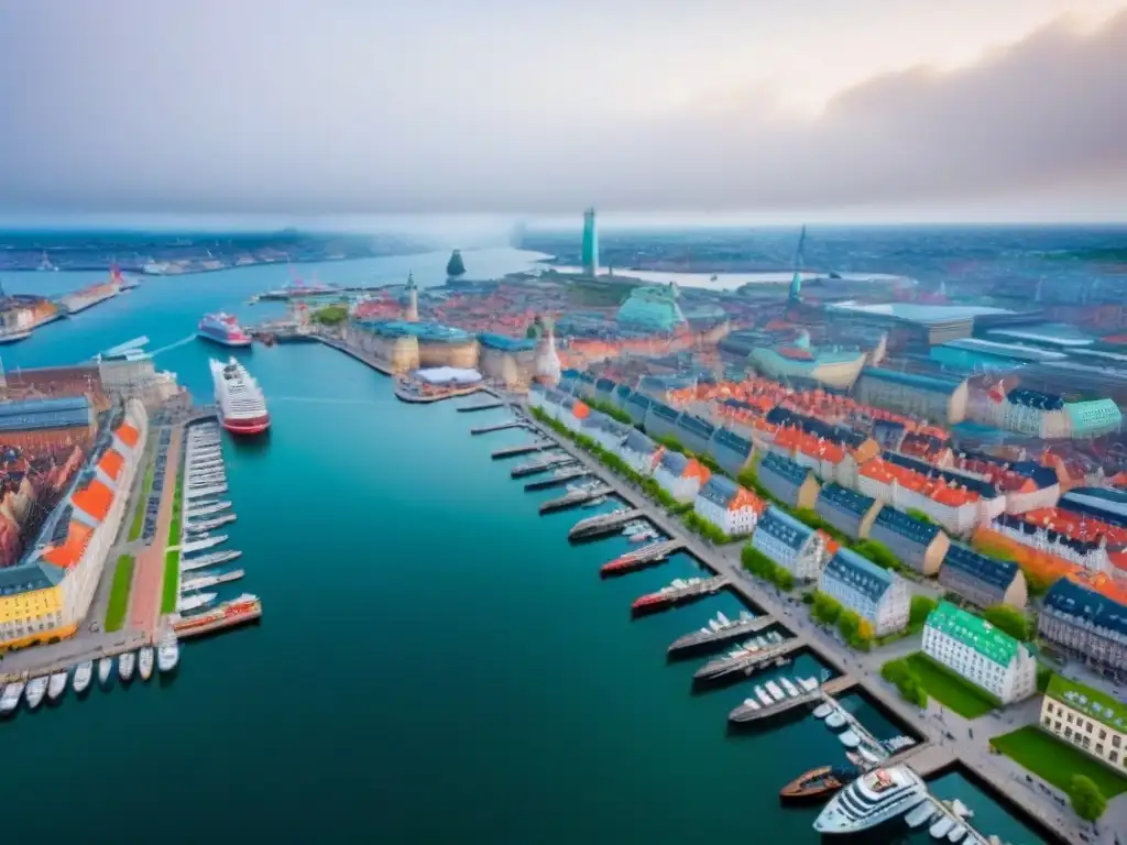 Arquitectura moderna en Copenhague: eficiencia y transparencia Vista aérea impresionante de Copenhague, Dinamarca, con moderna arquitectura y eficiente planificación urbana