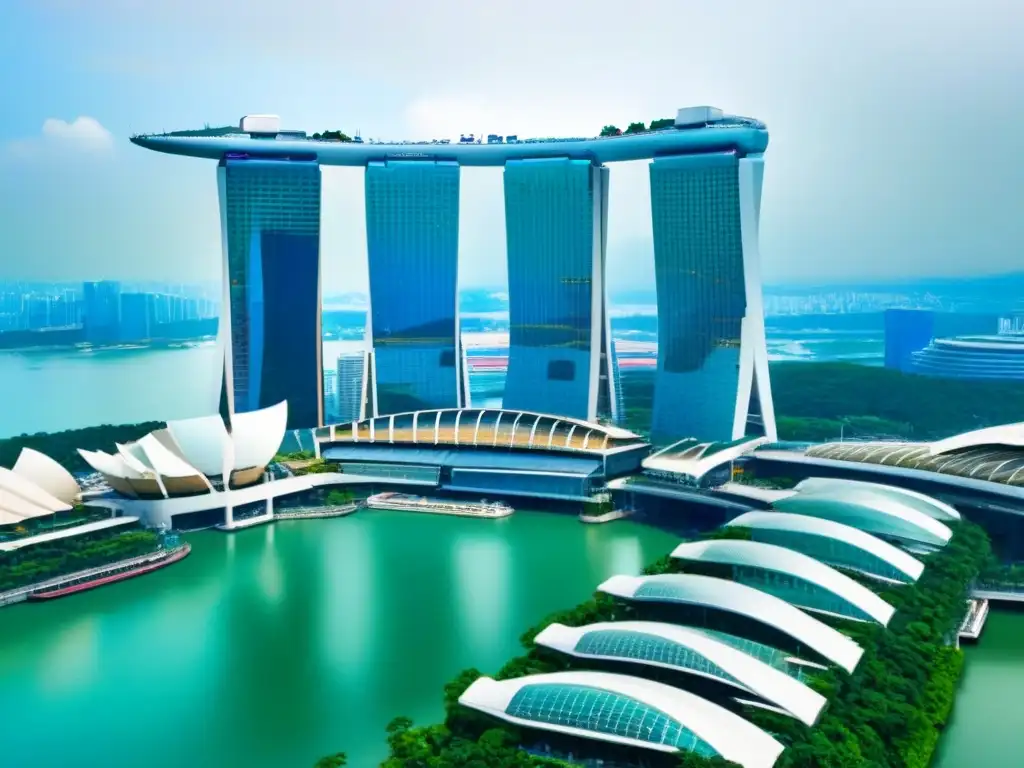 Marina Bay Sands: futurismo y naturaleza en Singapur Vista aérea impresionante de Marina Bay Sands en Singapur, reflejando modernidad y naturaleza