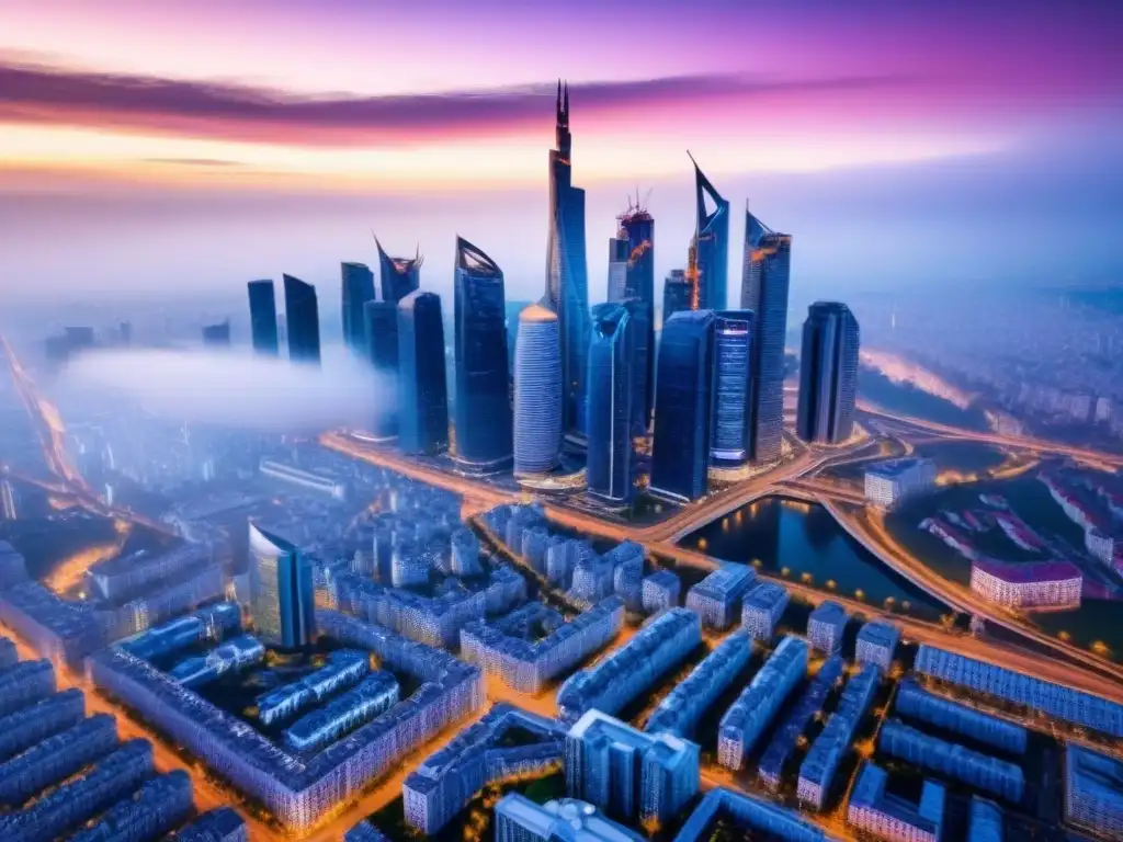 Horizonte urbano moderno en Europa del Este: crecimiento y desarrollo inmobiliario Vista aérea impresionante de un moderno horizonte urbano en Europa del Este, ideal para inversiones inmobiliarias
