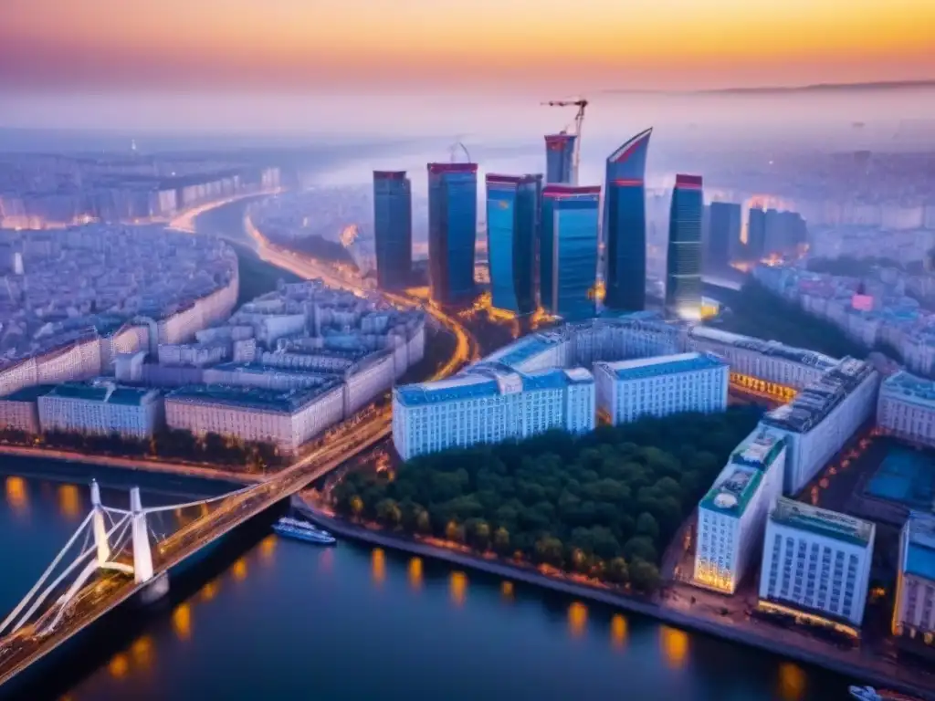 Espléndida vista aérea de Kyiv: moderna metrópolis dorada al atardecer Vista aérea impresionante del moderno skyline de Kyiv, Ucrania, iluminado por el sol poniente