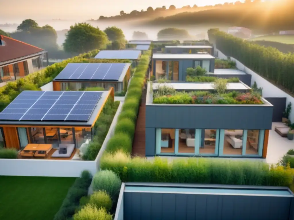 Comunidad colaborativa: arquitectura sostenible y vida en común Una vista aérea impresionante de un moderno cohousing, con edificios sostenibles y jardines en azoteas