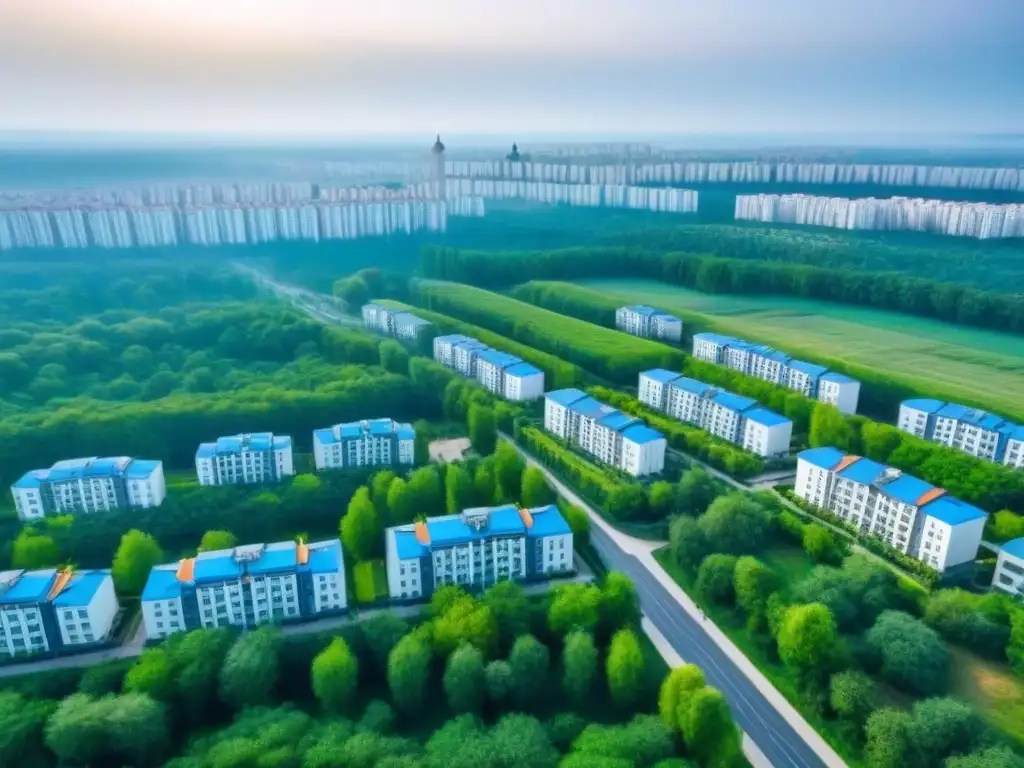 Desarrollo residencial vanguardista en Ucrania: arquitectura innovadora en un entorno verde y vibrante Vista aérea impresionante de modernos edificios en Ucrania, reflejando el mercado inmobiliario internacional de Ucrania