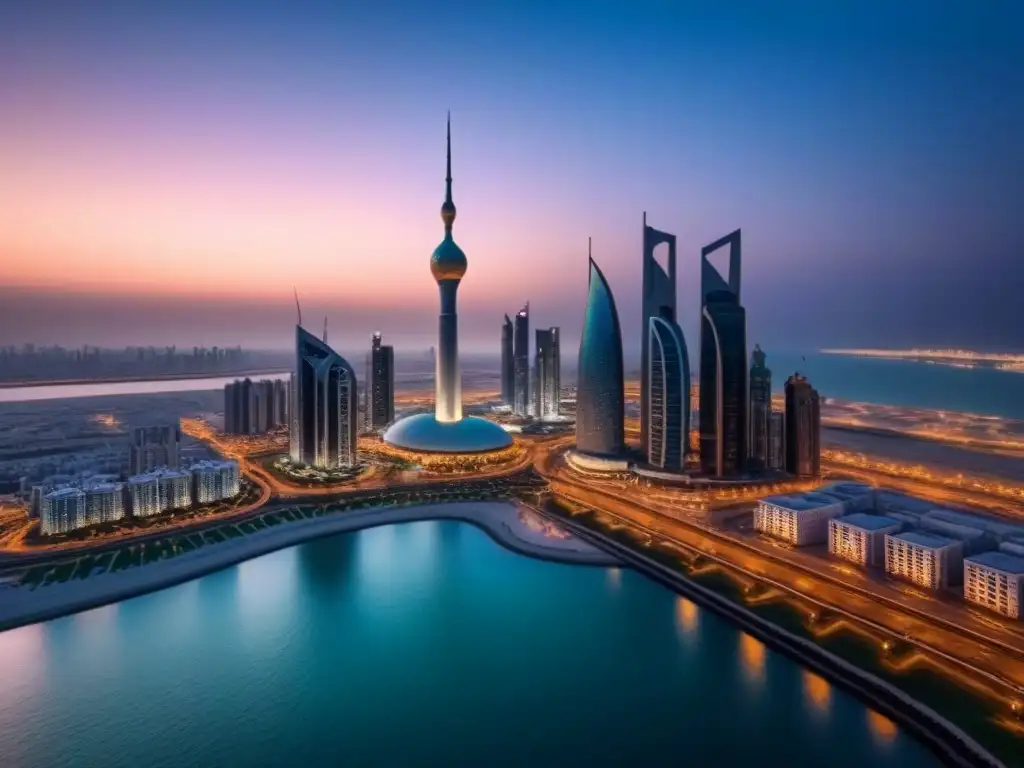Espectacular vista aérea de Kuwait City al atardecer Vista aérea impresionante de Kuwait City al anochecer con modernos rascacielos iluminados