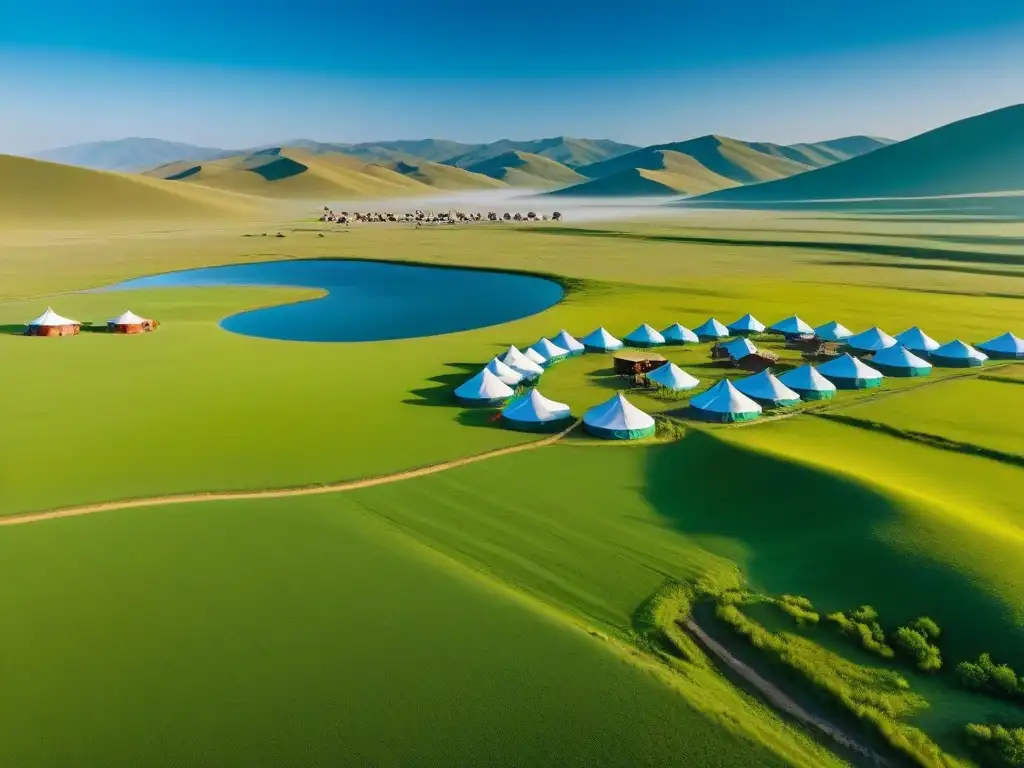 Espléndido paisaje mongol: inversión inmobiliaria única Vista aérea impresionante de Mongolia con colinas verdes, montañas nevadas, río y campamento ger