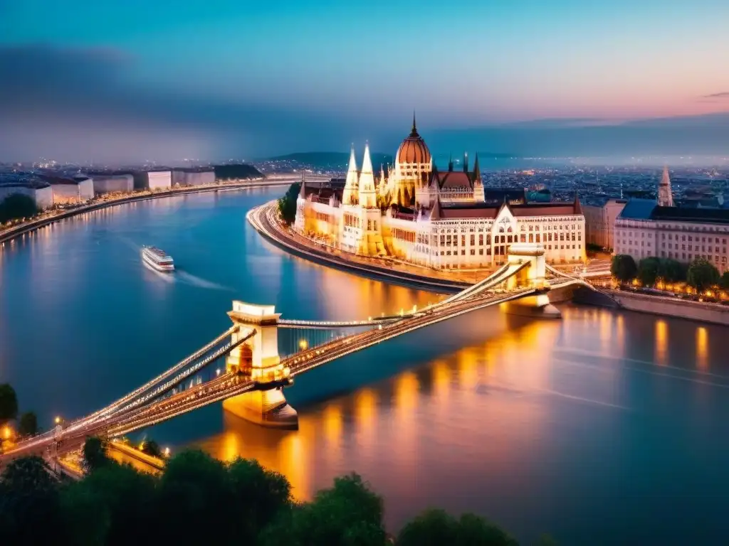 Esplendor nocturno de Budapest: Puente de las Cadenas y Parlamento Húngaro iluminados Una vista aérea impresionante de Budapest de noche, con el Puente de las Cadenas y el Parlamento húngaro a orillas del Danubio