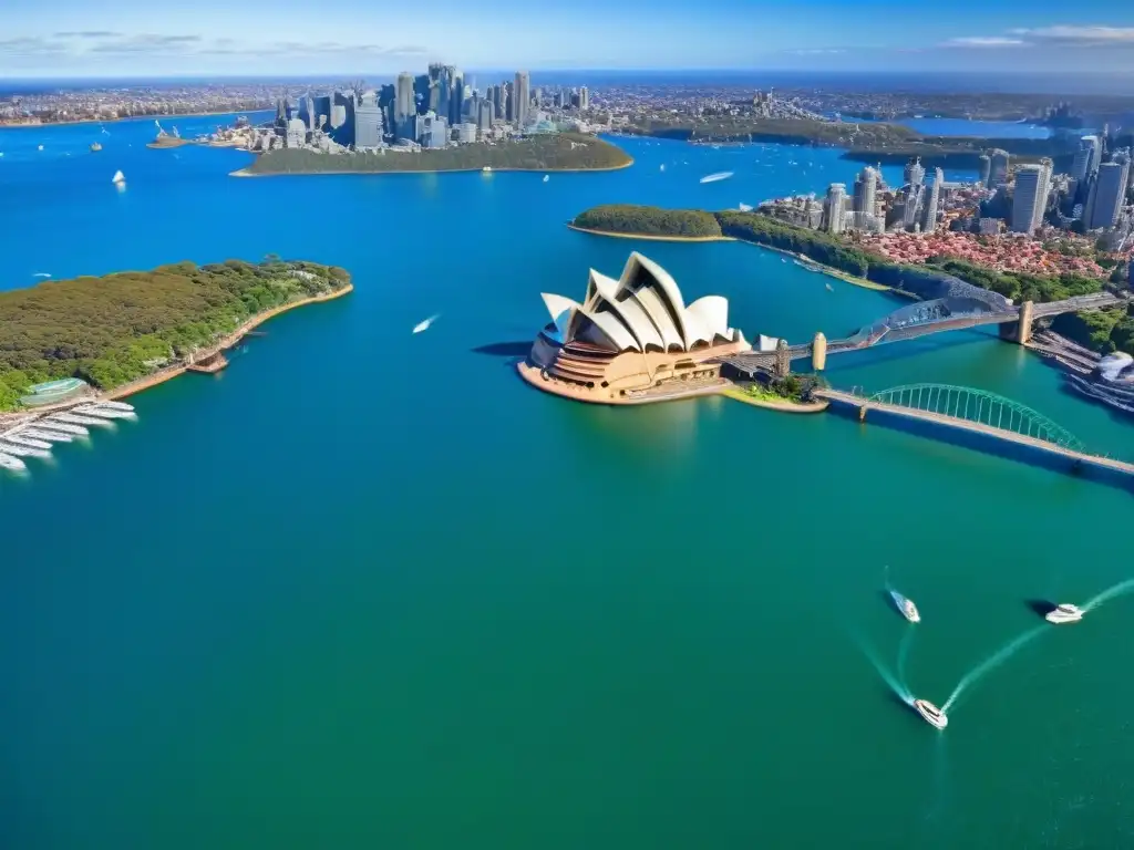 Vistas impresionantes de Sídney: Ópera y puente en armonía Vista aérea impresionante de la Ópera de Sídney y el puente Harbour, en contraste con la belleza natural del puerto