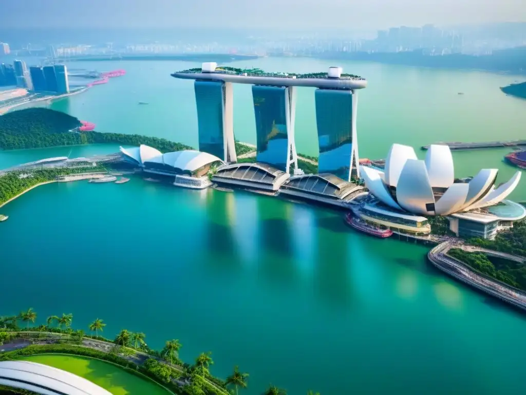 Marina Bay Sands: lujo y modernidad en Singapur Vista aérea impresionante del icónico Marina Bay Sands en Singapur, reflejando la opulencia del mercado inmobiliario de lujo en Asia