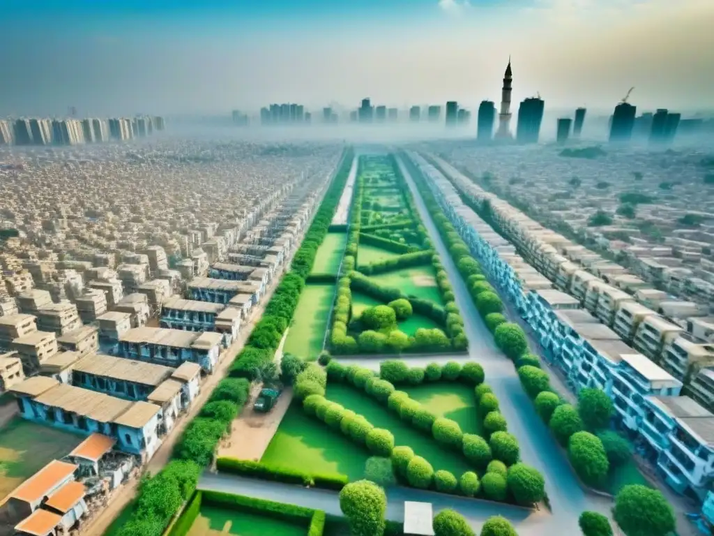 Desarrollo inmobiliario en Pakistán: entre tradición y modernidad Vista aérea impresionante de un paisaje urbano en Pakistán, mezclando arquitectura tradicional y rascacielos modernos