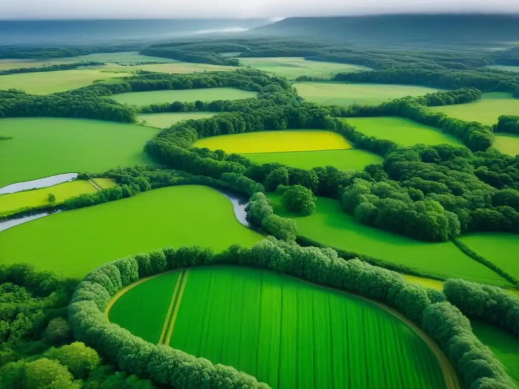 Oportunidades de inversión en paisajes rurales de América del Norte Vista aérea impresionante de un paisaje rural verde en Norteamérica, destacando la inversión inmobiliaria rural y la necesidad de mitigar riesgos