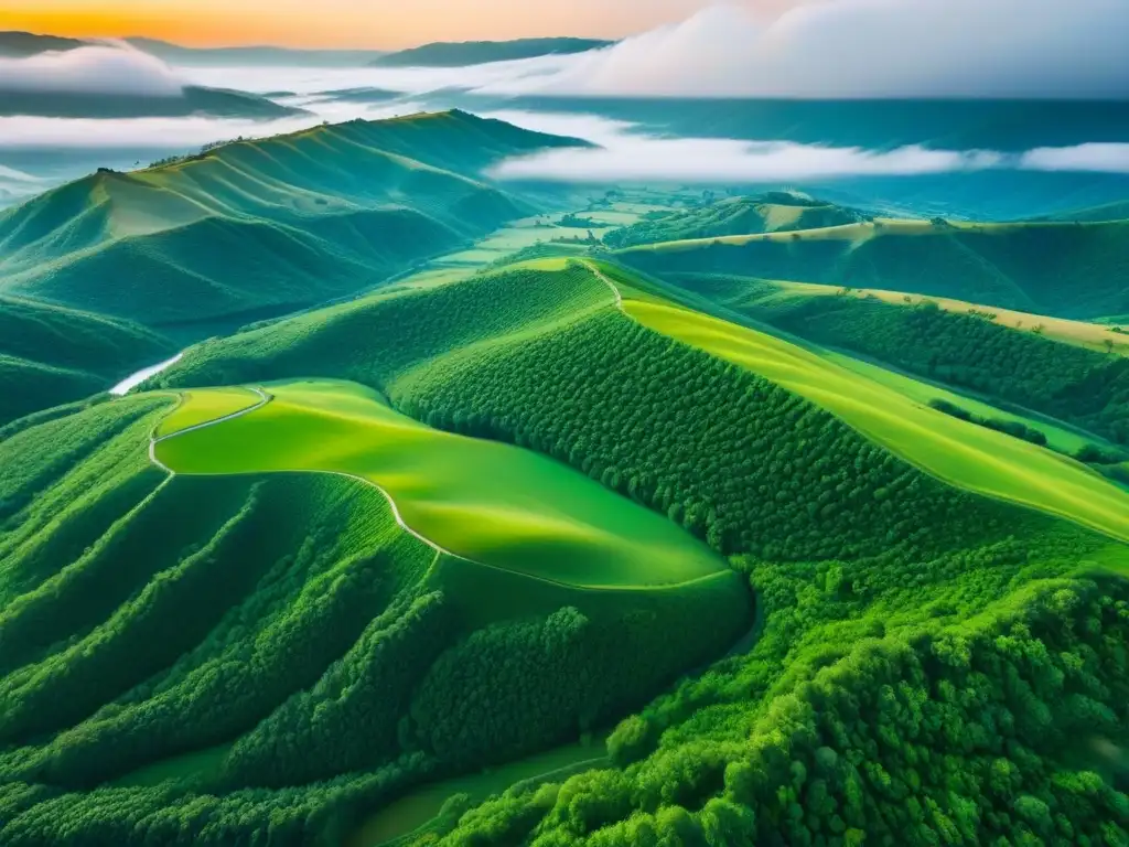 Inversión en terrenos vírgenes: belleza natural sin límites Una vista aérea impresionante de un paisaje extenso e inexplorado de verdes colinas, rodeado de bosques exuberantes y un río cristalino serpenteando