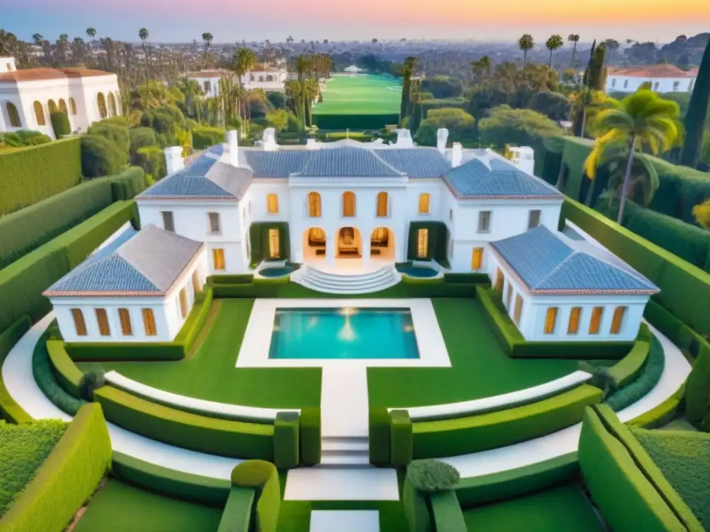 Vista aérea impresionante de El Palacio de Versalles de Beverly Hills, muestra lujo y sofisticación en mansiones lujosas mercado inmobiliario