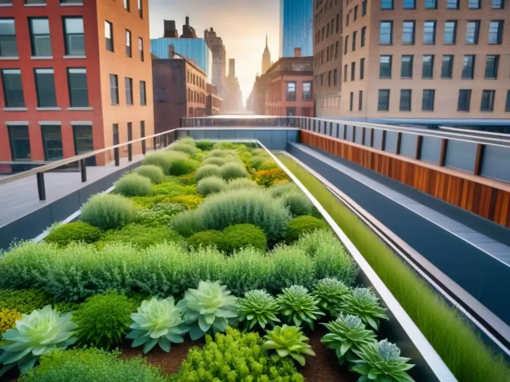 Vista aérea del impresionante parque High Line en Nueva York, con moderna arquitectura y vegetación exuberante, en contraste con rascacielos