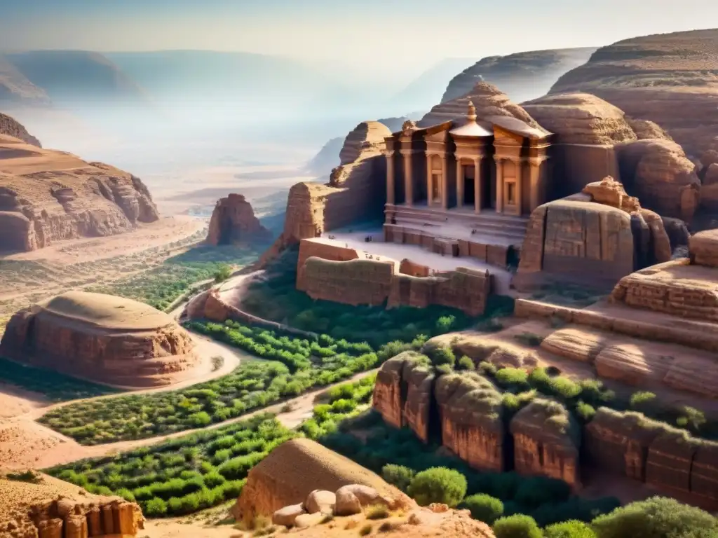 Tesoro de Petra: lujo y exclusividad en Jordan Vista aérea impresionante de Petra en Jordania, mostrando el Tesoro tallado en acantilados rosados