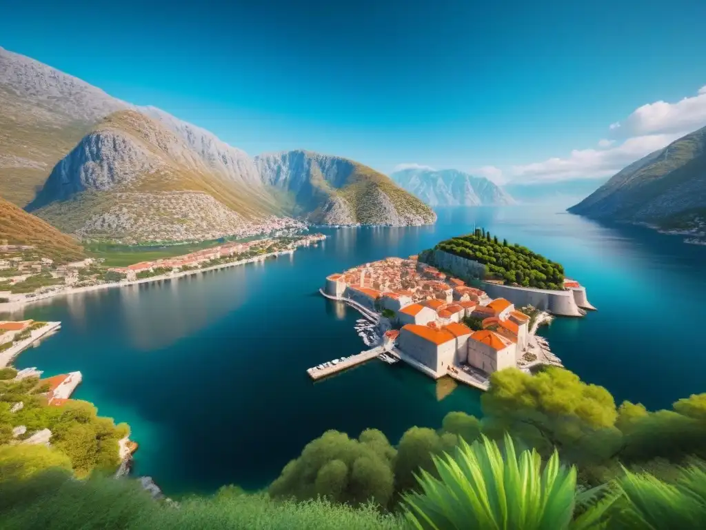 Bay of Kotor: Belleza natural y patrimonio cultural en Montenegro Vista aérea impresionante de la pintoresca Bahía de Kotor en Montenegro, ideal para inversiones inmobiliarias en Montenegro