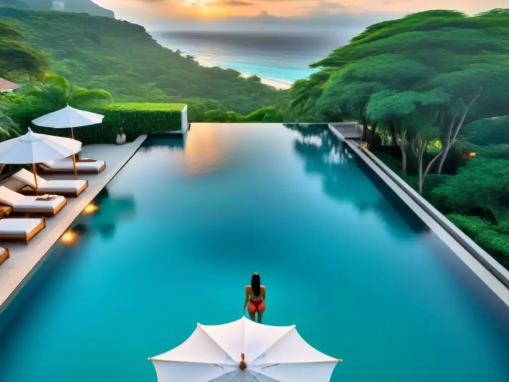 Exclusiva piscina infinita en paraíso tropical Vista aérea impresionante de piscina infinita en resort de lujo con aguas turquesas, vegetación tropical y ambiente exclusivo al atardecer