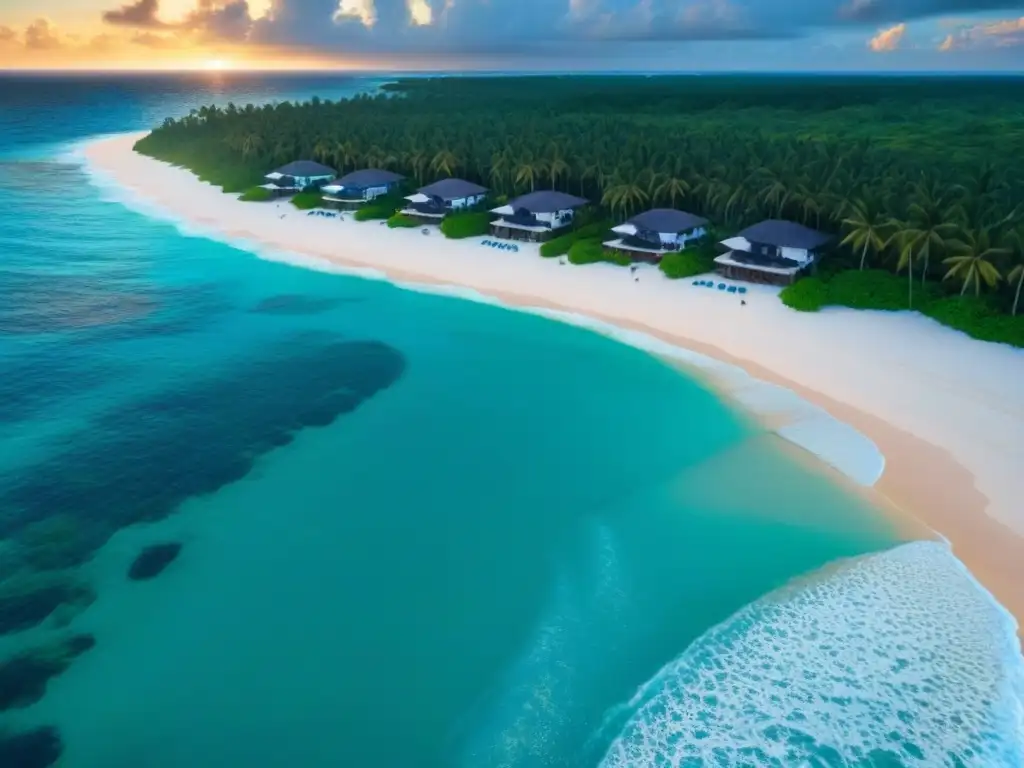 Propiedad de lujo frente al mar en el Caribe: atardecer dorado Vista aérea impresionante de propiedad playera de lujo en el Caribe al atardecer