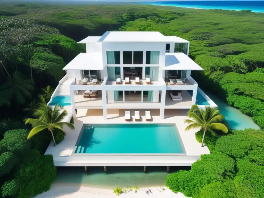 Propiedad de lujo frente al mar: diseño moderno con piscina infinita privada y vistas paradisíacas Vista aérea impresionante de propiedad vacacional frente al mar, diseño moderno con piscina infinity privada y exuberante paisajismo tropical