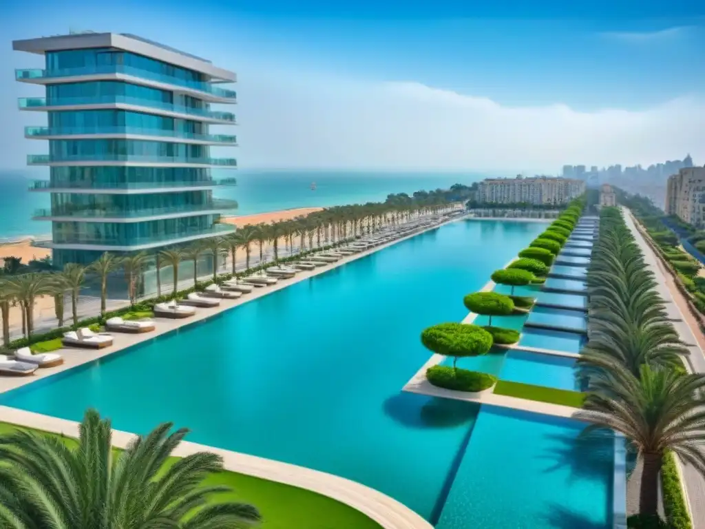Propiedades de lujo en Tel Aviv: arquitectura moderna frente al mar Vista aérea impresionante de propiedades de lujo en Tel Aviv con moderna arquitectura y vistas al mar Mediterráneo
