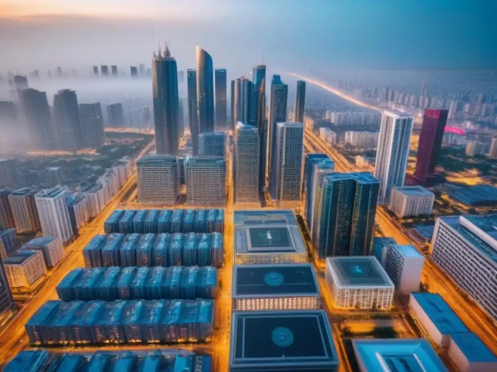 Mercado inmobiliario internacional: moderna ciudad comercial Vista aérea impresionante del próspero mercado inmobiliario internacional, con rascacielos y centros comerciales vibrantes