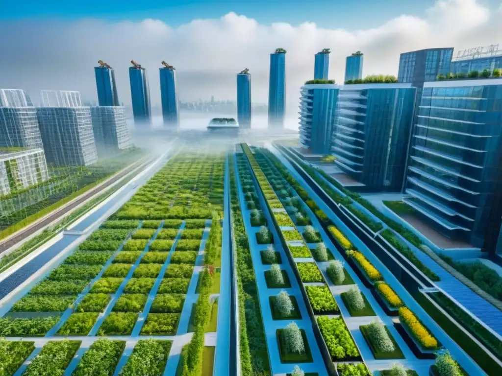 Vista aérea impresionante de proyecto urbano sostenible con rascacielos ecoamigables y áreas verdes, destacando líderes carrera verde
