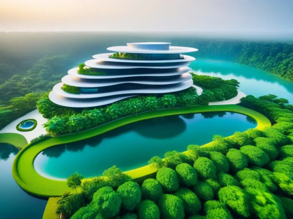 Proyecto inmobiliario internacional: arquitectura innovadora en entorno natural Vista aérea impresionante de un proyecto inmobiliario internacional futurista en terrenos verdes y agua cristalina