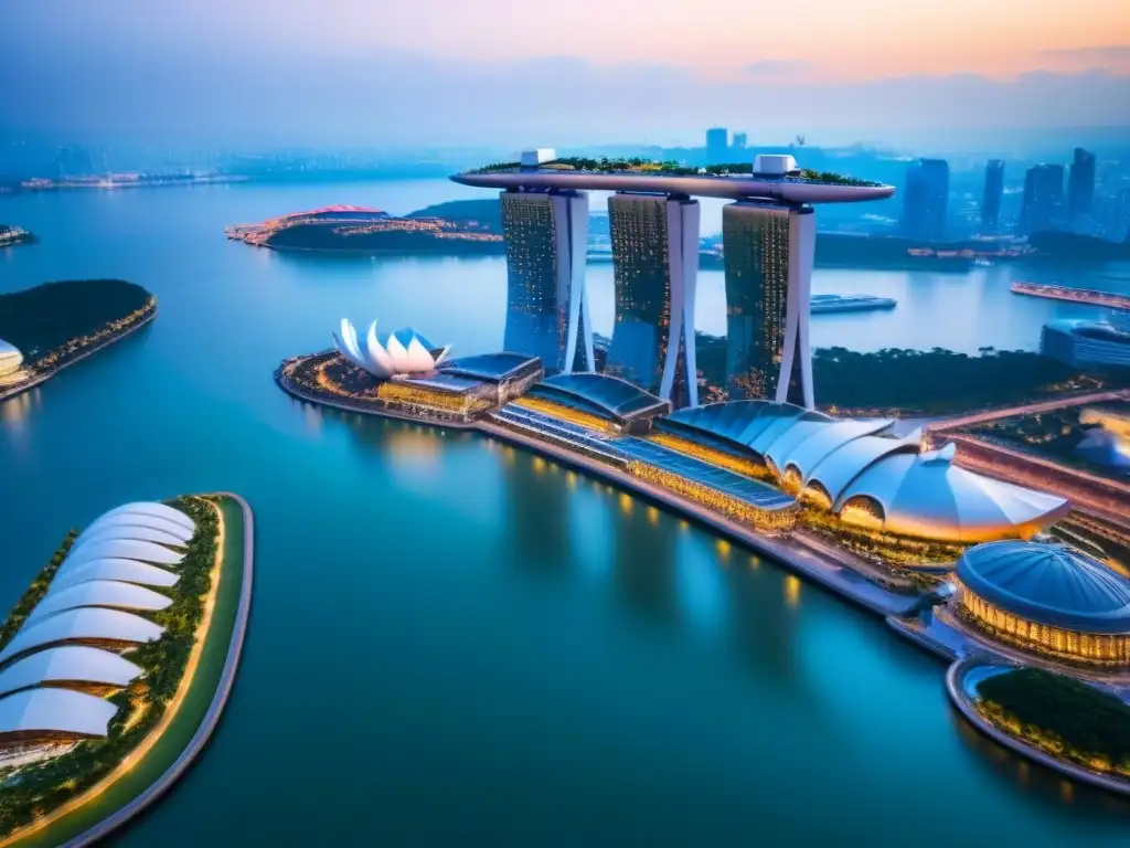 Marina Bay Sands: icónica arquitectura en Singapur Vista aérea impresionante de Marina Bay Sands en Singapur, simbolizando proyectos inmobiliarios ambiciosos en Sudeste Asiático