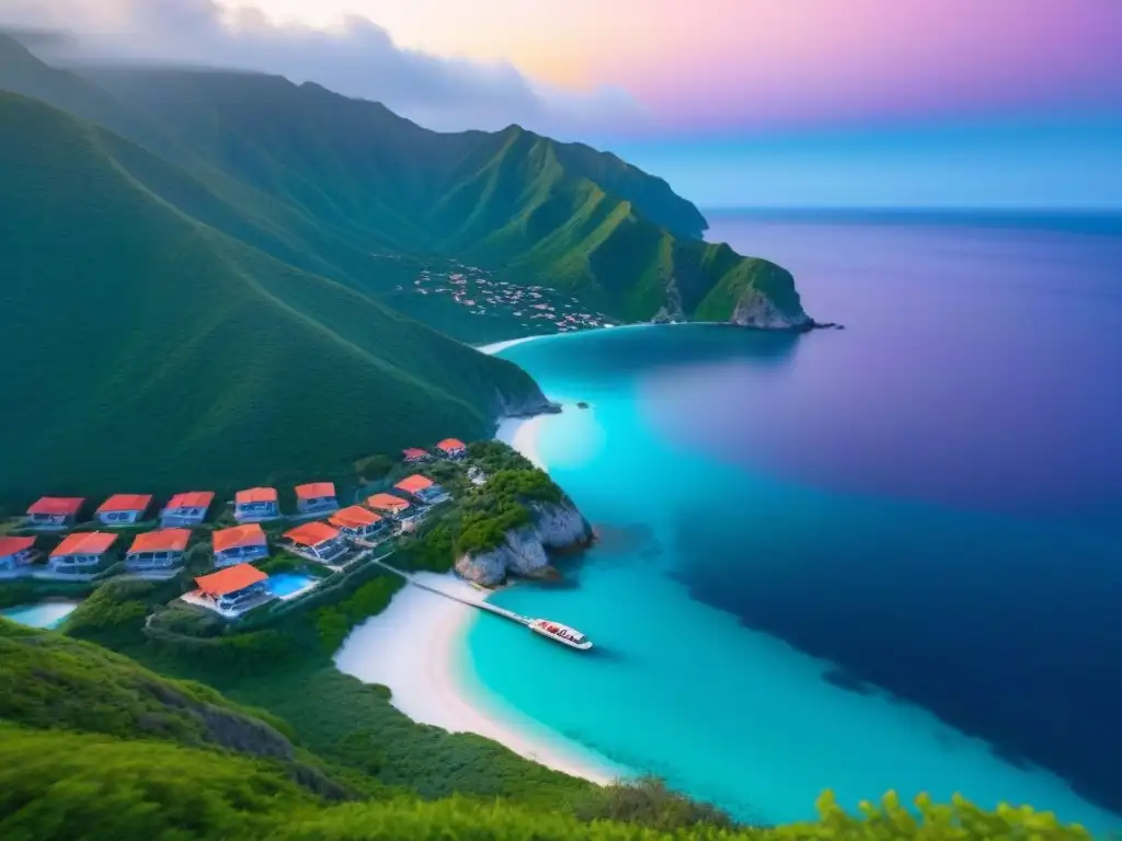 Paraíso costero: alquileres vacacionales en un entorno idílico Vista aérea impresionante de un pueblo costero con propiedades vacacionales coloridas, rodeado de montañas verdes y mar turquesa