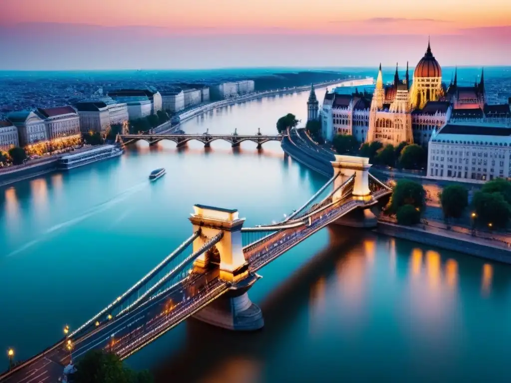 Esencia dinámica de Budapest: Puente de las Cadenas y arquitectura vibrante Vista aérea impresionante de Budapest, Hungría, con el Puente de las Cadenas y mezcla de arquitectura histórica y moderna