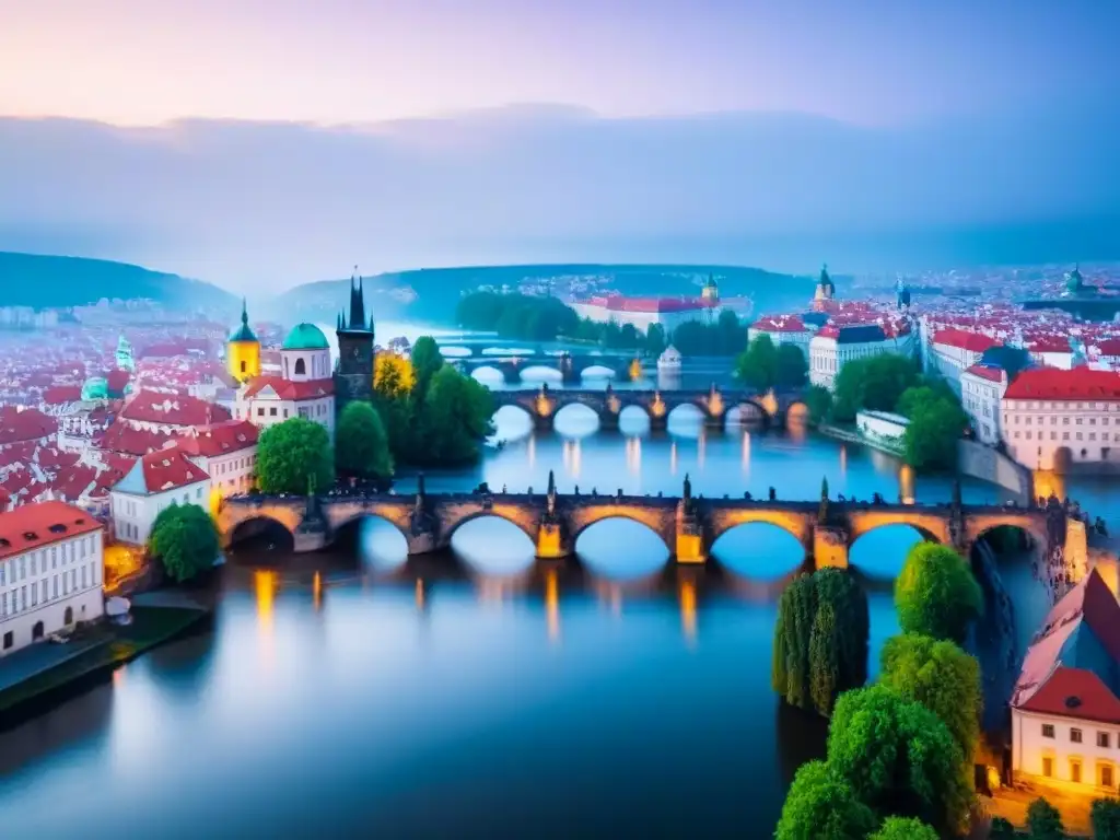 Vista aérea impresionante del Puente de Carlos en Praga, República Checa Vista aérea impresionante del Puente de Carlos en Praga, con el río Vltava y la arquitectura tradicional de Europa del Este