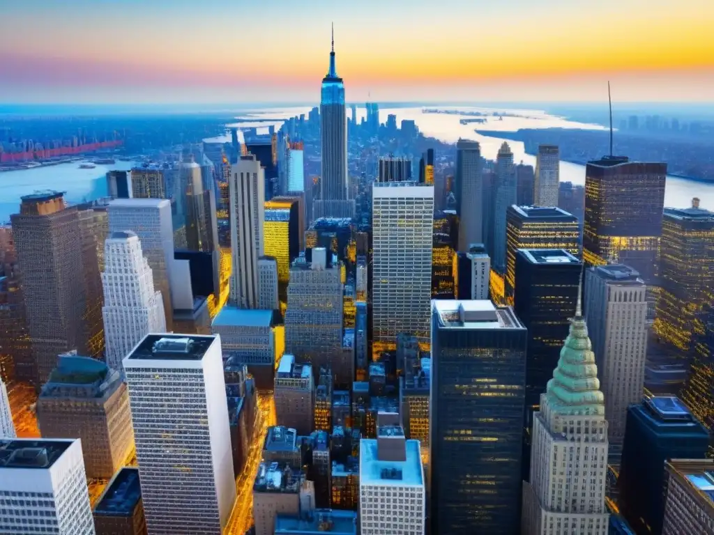 Espléndida vista aérea de Manhattan: icónica silueta de rascacielos Vista aérea impresionante de Manhattan con rascacielos relucientes en la luz del sol