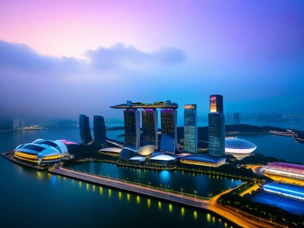 Espectacular vista aérea de Singapur: arquitectura moderna y vida urbana Vista aérea impresionante de Singapur, con rascacielos y luces de la ciudad reflejándose en el agua, simbolizando inversiones inmobiliarias en Asia