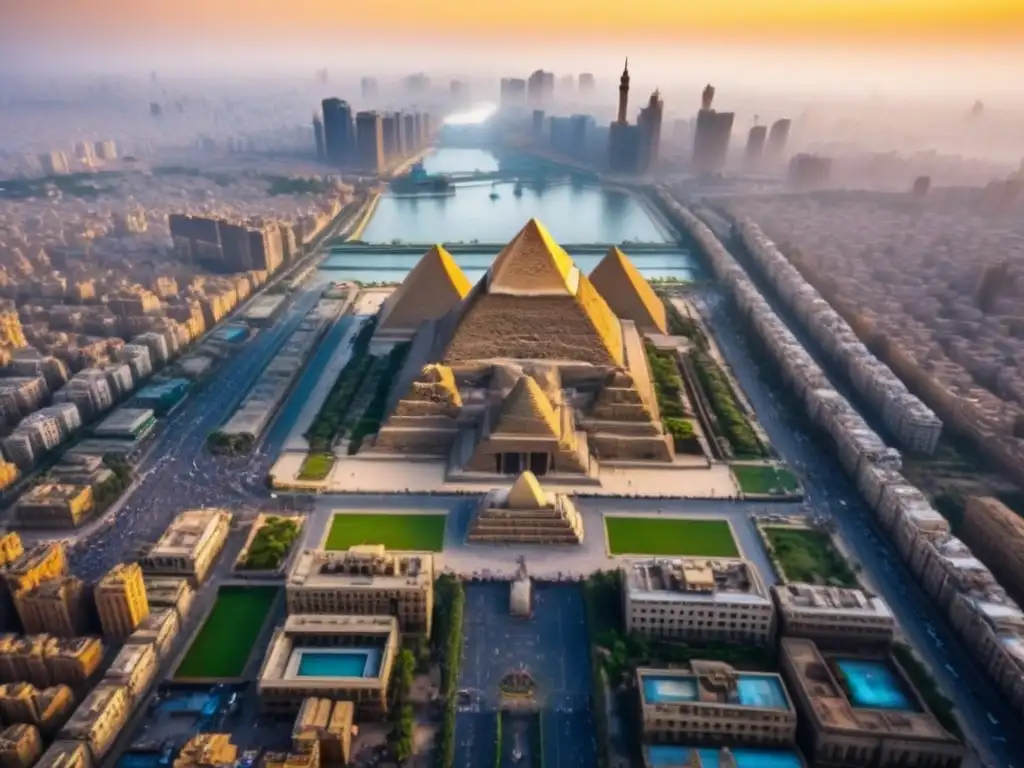 Espléndida panorámica de El Cairo: pasado y presente Vista aérea impresionante de El Cairo, Egipto, con pirámides y rascacielos