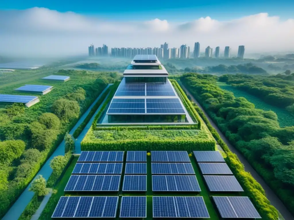 Rascacielos sostenible: inversión verde en inmuebles Vista aérea impresionante de rascacielos sostenible rodeado de vegetación, paneles solares, destacando la inversión en edificaciones verdes