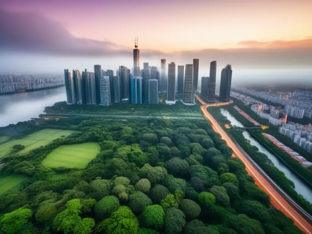 Espléndido rascacielos de lujo rodeado de vegetación y ciudad Vista aérea impresionante de rascacielos de lujo rodeado de vegetación, con vista a la ciudad
