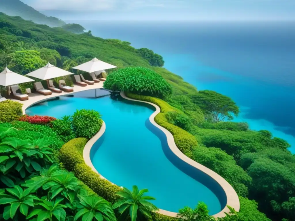 Resort de lujo en isla asiática: vista aérea impresionante Vista aérea impresionante de resorts de tiempo compartido lujo Asia entre exuberante vegetación y el océano azul