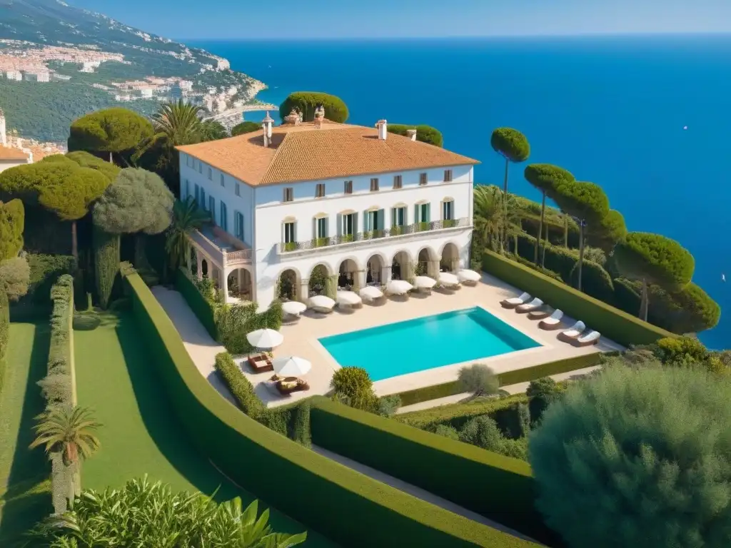 Vista aérea impresionante de La Villa Leopolda en la Riviera Francesa, rodeada de jardines exuberantes y el Mar Mediterráneo