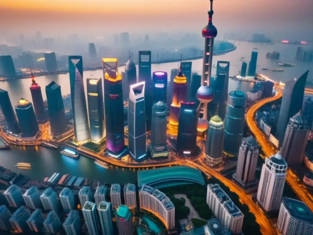 Espléndida vista aérea de Shanghai: luces nocturnas en skyline futurista Vista aérea impresionante de Shanghai de noche, con rascacielos iluminados y arquitectura tradicional china, reflejando propiedades de lujo en megaciudades asiáticas