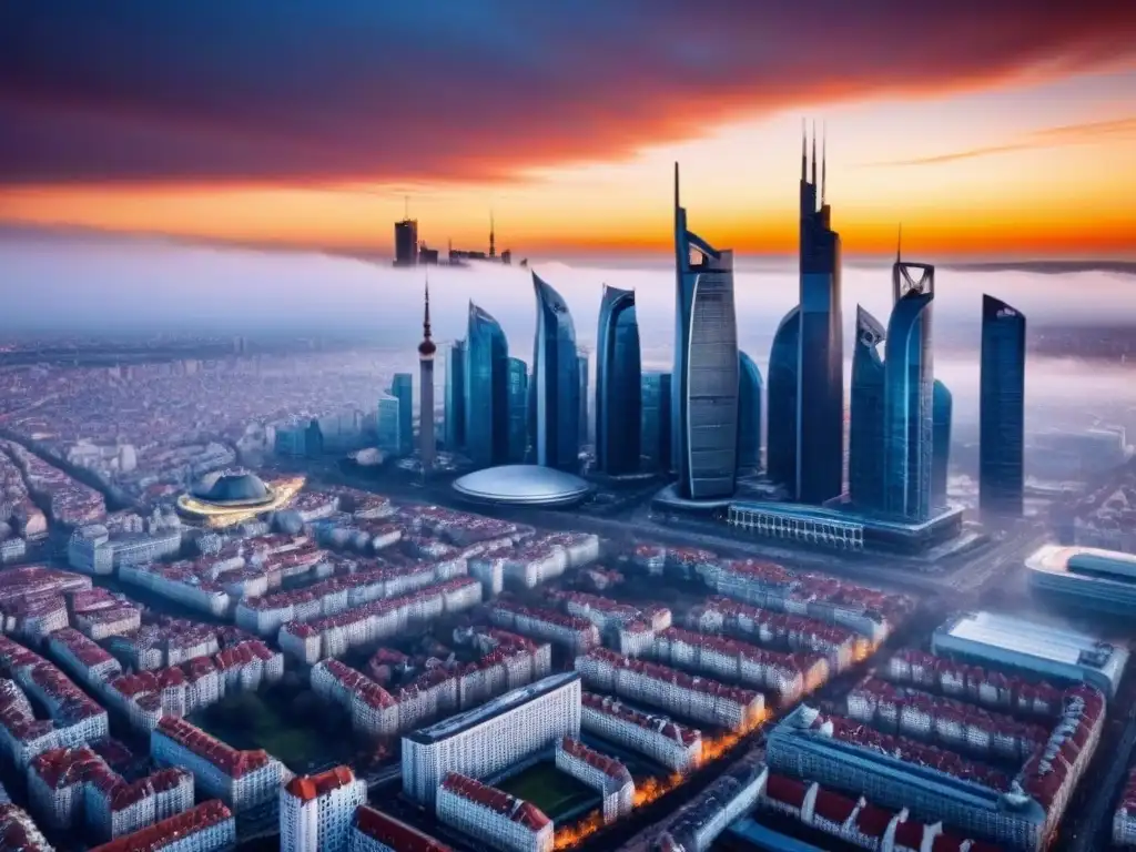 Espléndida vista aérea de una ciudad moderna en Europa del Este: mezcla impactante de rascacielos futuristas y edificios históricos al atardecer Vista aérea impresionante del skyline moderno en Europa del Este, con rascacielos futuristas y edificios históricos