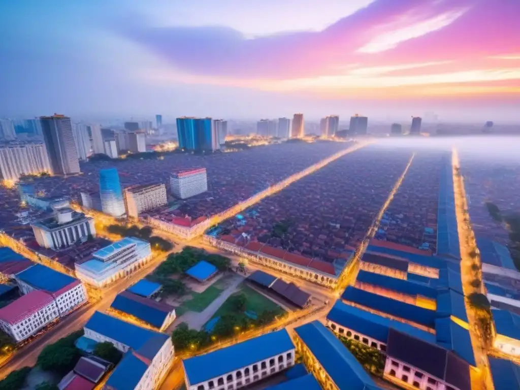 Horizonte de Phnom Penh: modernidad y tradición Vista aérea impresionante del skyline en desarrollo de Phnom Penh, con modernos rascacielos y arquitectura tradicional jemer