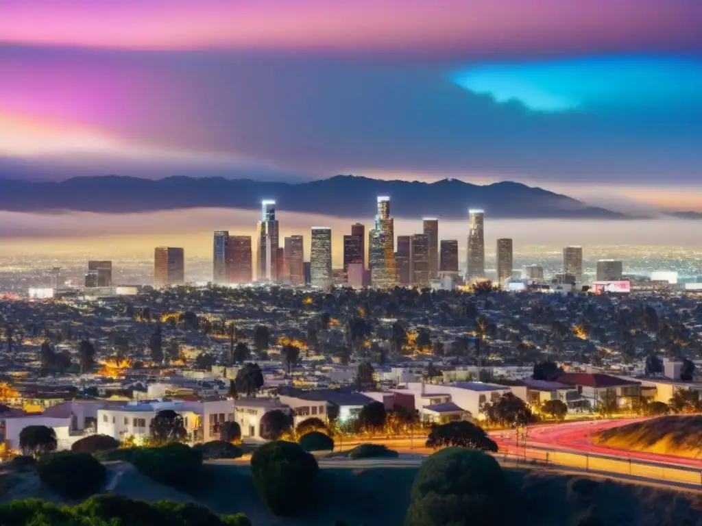 Espléndido atardecer en Los Ángeles: skyline iluminado y moderno Vista aérea impresionante del skyline de Los Ángeles al atardecer, reflejando el ajetreado mercado inmobiliario que atrae inversores internacionales
