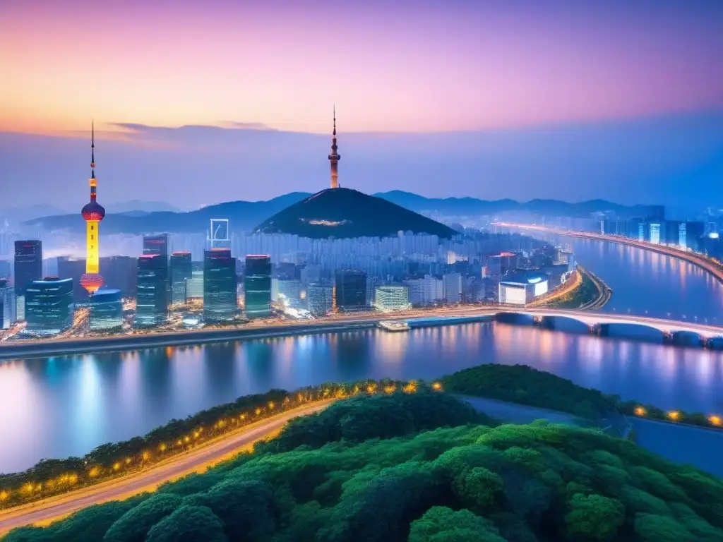 Vista aérea de Seúl al atardecer: luces y arquitectura Vista aérea impresionante del skyline de Seúl al atardecer, con rascacielos iluminados y el río Han reflejando las luces de la ciudad