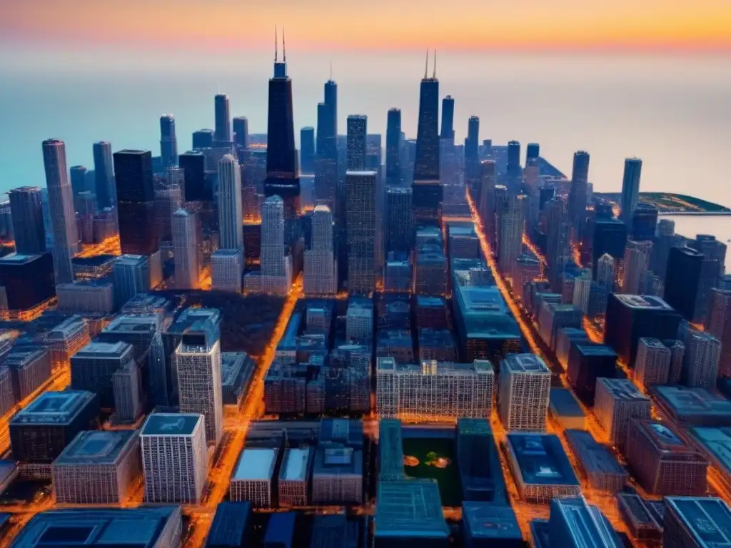 Vista aérea impresionante del skyline de Chicago al atardecer Vista aérea impresionante del skyline de Chicago al anochecer, reflejando luces en el lago Michigan