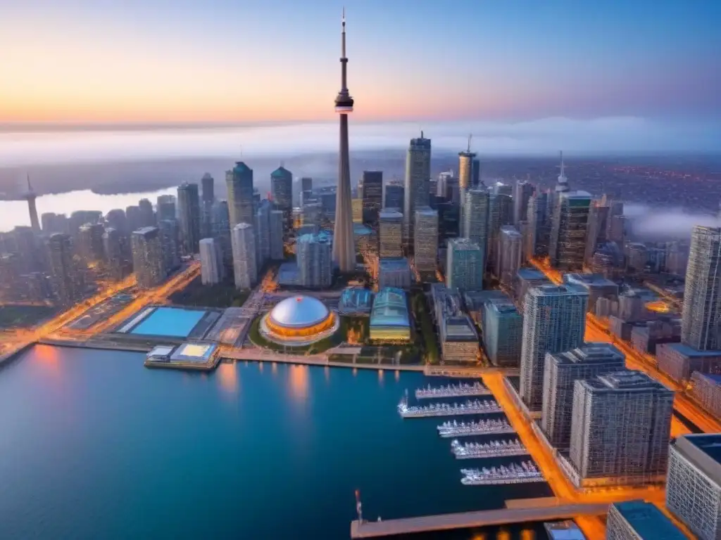 Espectacular vista aérea de Toronto al anochecer con la CN Tower iluminada Vista aérea impresionante del skyline de Toronto al atardecer, con la CN Tower destacando entre luces de la ciudad