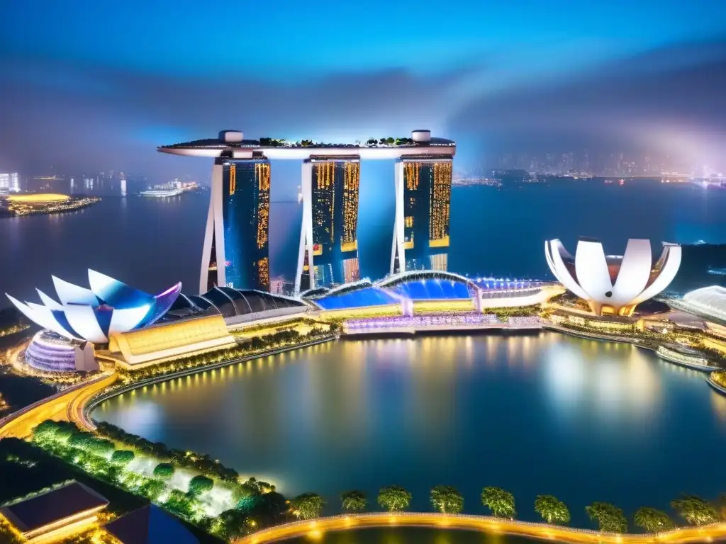 Vista aérea impactante de Singapur: Marina Bay y Gardens by the Bay Vista aérea impresionante del skyline de Singapur con Marina Bay Sands y Gardens by the Bay, reflejando el mercado inmobiliario de lujo en Asia