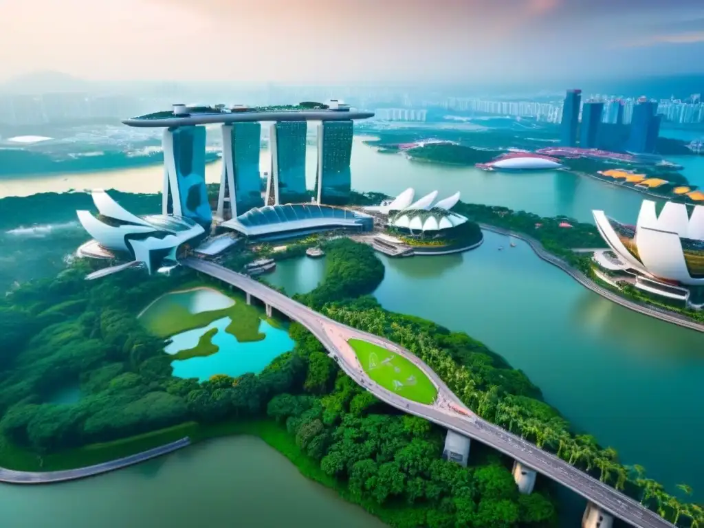 Espectacular skyline de Singapur: Marina Bay Sands y jardines futuristas Vista aérea impresionante del skyline de Singapur, Marina Bay Sands y Supertree Grove, simbolizando la inversión inmobiliaria lujo Asia
