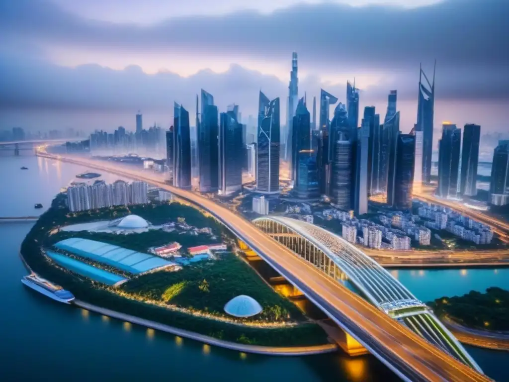 Espléndido horizonte futurista de una ciudad asiática próspera Vista aérea impresionante de un skyline futurista en Asia, con rascacielos relucientes y propiedades de lujo