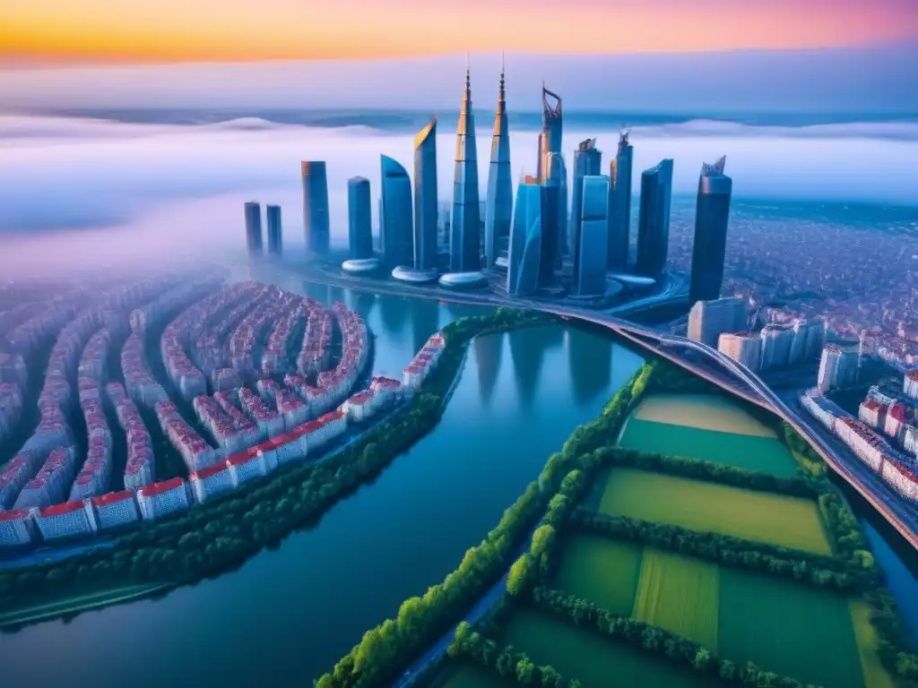 Horizonte futurista: metrópolis dinámica en Europa del Este Vista aérea impresionante de un skyline futurista en una bulliciosa ciudad de Europa del Este, resaltando rascacielos elegantes y vida urbana vibrante, con colinas y río de fondo
