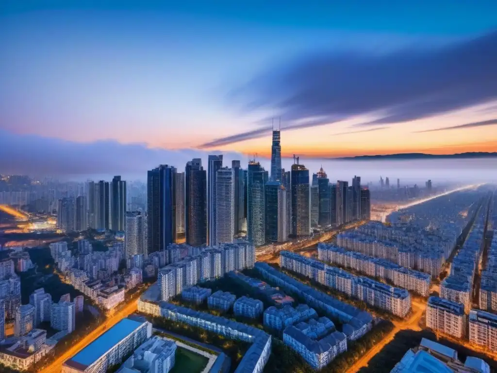 Espléndido atardecer en metrópolis de lujo Una vista aérea impresionante de un skyline lujoso al anochecer en una de las mejores ciudades para invertir