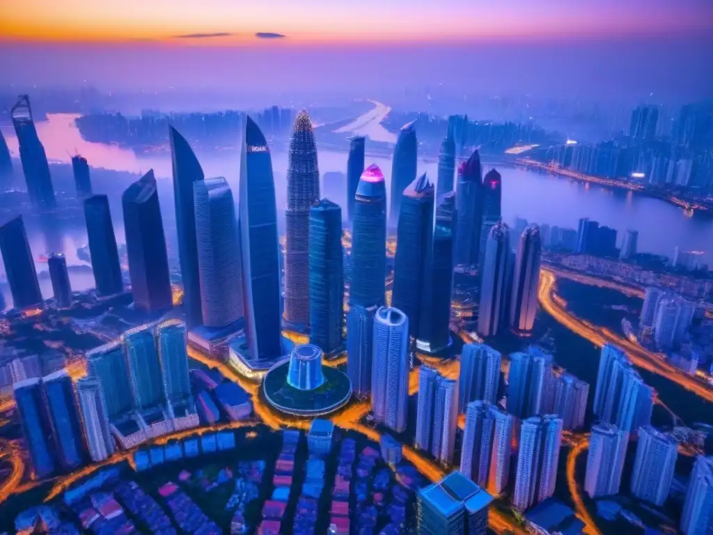 Horizonte futurista: luces y arquitectura innovadora en Asia Vista aérea impresionante de skyline futurista en ciudad del Sudeste Asiático, con proyectos inmobiliarios ambiciosos