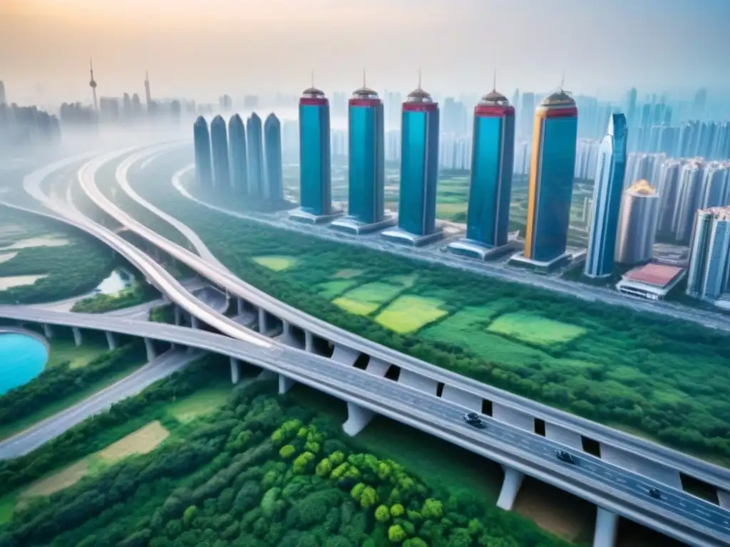 Horizonte futurista en ruta de la Iniciativa Cinturón y Ruta Vista aérea impresionante de un skyline futurista en una ciudad bulliciosa en la Franja y la Ruta, con rascacielos innovadores y calles llenas de vida